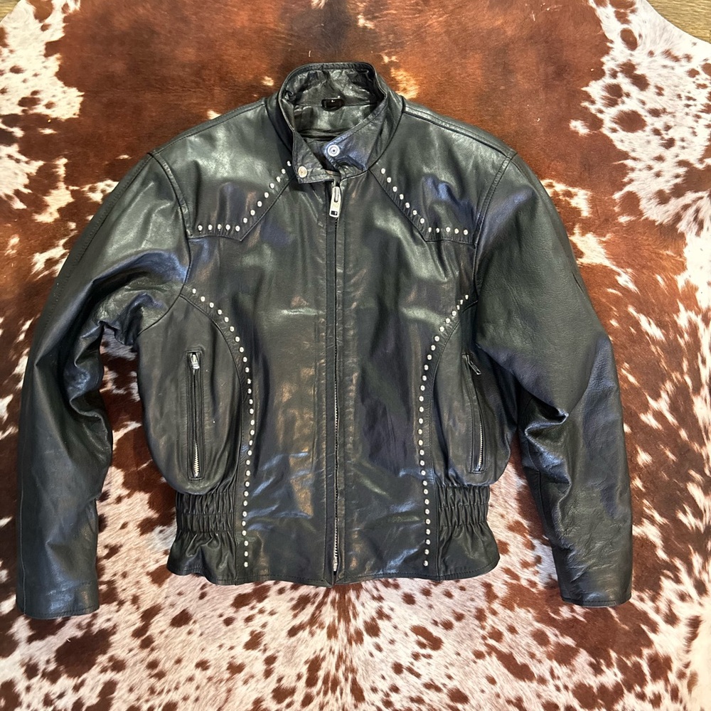 Vintage 80s Unik Black Studded Leather Insulated Biker Jacket Size Large